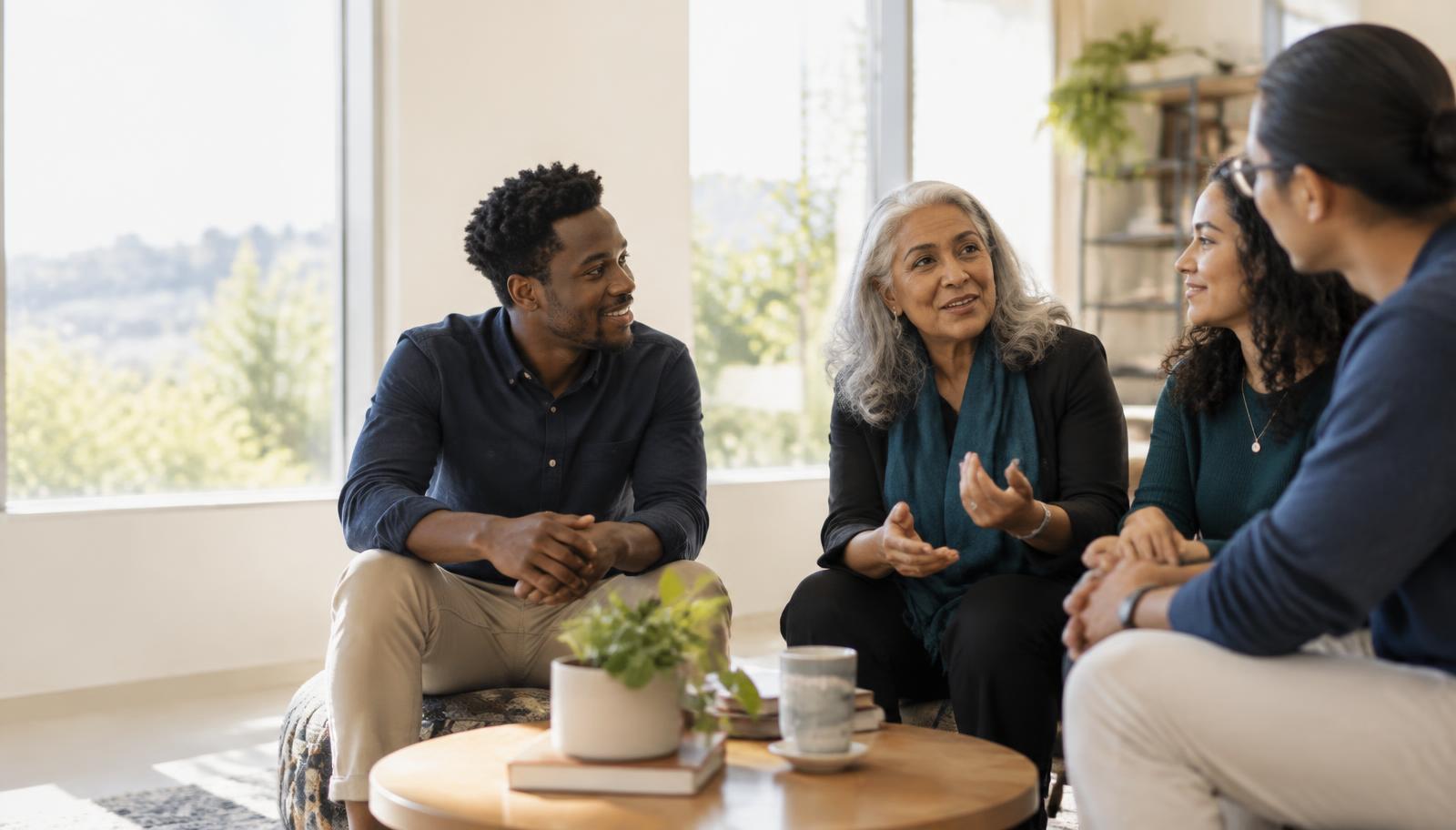 People of different generations sharing ideas in conversation